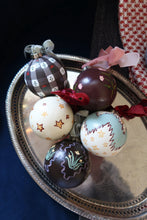 Load image into Gallery viewer, Five hand painted ornaments displayed on a silver tray