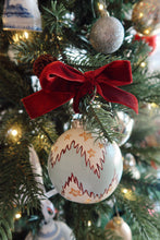 Load image into Gallery viewer, Hand painted Christmas ornament with a white background, blue chevron stripe and yellow stars