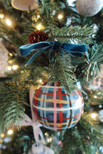 Load image into Gallery viewer, Hand painted decorative Christmas ornament with plaid pattern on a tree