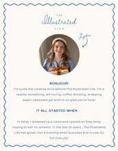 Load image into Gallery viewer, Introduction card for Lydia, the creator of The Illustrated Life, with a portrait and text about her journey.