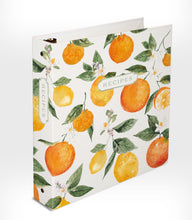 Load image into Gallery viewer, Recipe binder with orange and lemon design on a white background