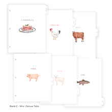 Load image into Gallery viewer, Set of food category tabs with illustrations and text on a white background