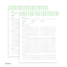Load image into Gallery viewer, Green detailed recipe card page with columns for ingredients, preparation time, cook time, and notes. 