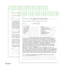 Load image into Gallery viewer, Green detailed recipe card page with columns for ingredients, preparation time, cook time, and notes. The pages are shown with writing.