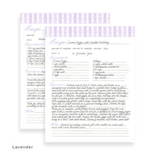Load image into Gallery viewer, Lavender detailed recipe card page with columns for ingredients, preparation time, cook time, and notes. The pages are shown with writing.