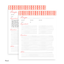 Load image into Gallery viewer, Red detailed recipe card page with columns for ingredients, preparation time, cook time, and notes.