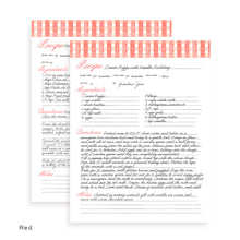 Load image into Gallery viewer, Red detailed recipe card page with columns for ingredients, preparation time, cook time, and notes. The pages are shown with writing.