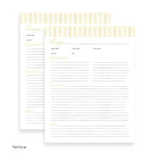Load image into Gallery viewer, Yellow detailed recipe card page with columns for ingredients, preparation time, cook time, and notes.
