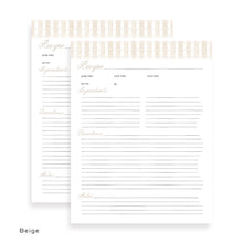 Load image into Gallery viewer, Beige detailed recipe card page with columns for ingredients, preparation time, cook time, and notes.