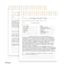 Load image into Gallery viewer, Beige detailed recipe card page with columns for ingredients, preparation time, cook time, and notes. The pages are shown with writing.