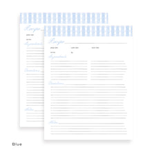 Load image into Gallery viewer, Blue detailed recipe card page with columns for ingredients, preparation time, cook time, and notes.