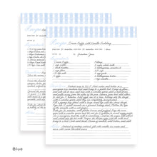 Load image into Gallery viewer, Blue detailed recipe card page with columns for ingredients, preparation time, cook time, and notes. The pages are shown with writing.