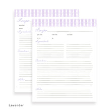 Load image into Gallery viewer, Lavender detailed recipe card page with columns for ingredients, preparation time, cook time, and notes.