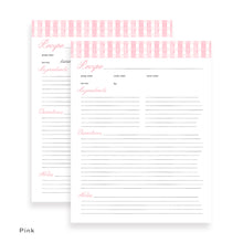 Load image into Gallery viewer, Pink detailed recipe card page with columns for ingredients, preparation time, cook time, and notes.
