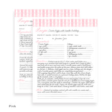 Load image into Gallery viewer, Pink detailed recipe card page with columns for ingredients, preparation time, cook time, and notes. The pages are shown with writing.