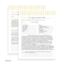 Load image into Gallery viewer, Yellow detailed recipe card page with columns for ingredients, preparation time, cook time, and notes. The pages are shown with writing.