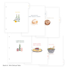 Load image into Gallery viewer, Set of mini deluxe tabs with food categories and corresponding images on a white background