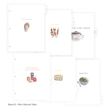 Load image into Gallery viewer, Set of recipe cards with various food items and cooking equipment on a white background