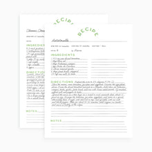Load image into Gallery viewer, Recipe card page template with green retro text on a white background. The pages are shown with lettering.