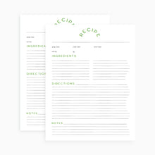 Load image into Gallery viewer, Recipe card page template with green retro text on a white background