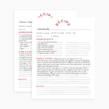 Load image into Gallery viewer, Recipe card page template with red  retro text on a white background. The pages are shown with lettering.
