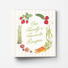 Load image into Gallery viewer, Recipe binder with illustrated vegetables and text 'Our Family's Favorite Recipes' on a gingham background