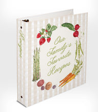 Load image into Gallery viewer, Recipe binder with illustrated vegetables and text "Our Family's Favorite Recipes" on a gingham background. "Recipes" is written on the spine