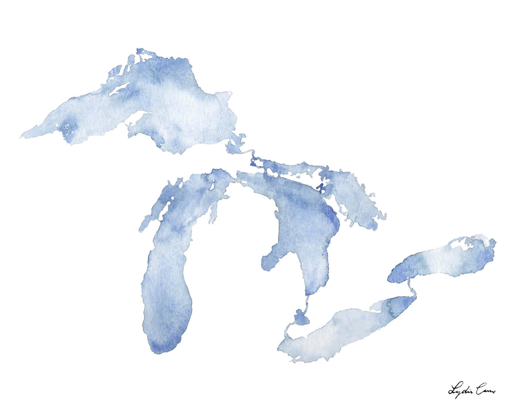 great lakes map blue watercolor art print