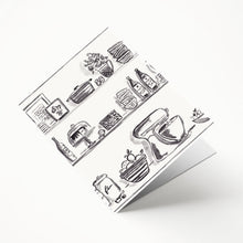 Load image into Gallery viewer, Kitchen shelf design in black and white on front of sturdy paper folder