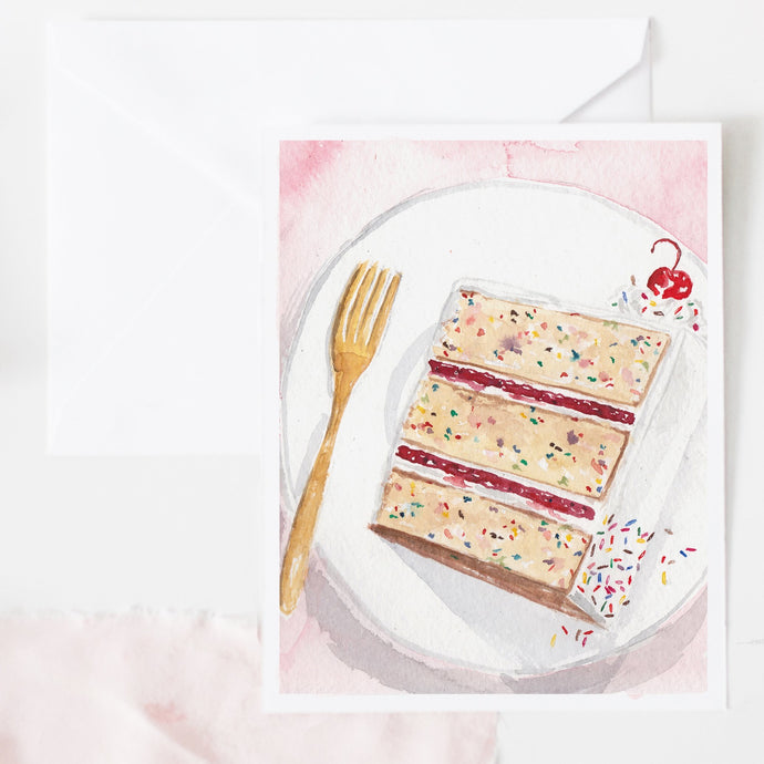 Cake Slice with sprinkles and cherry watercolor birthday card