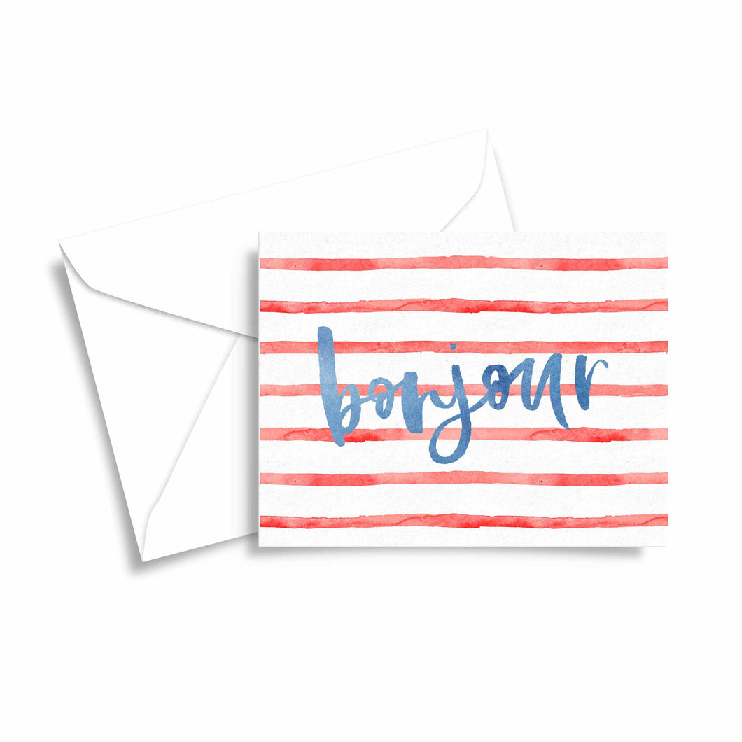 preppy watercolor stripes bonjour french greeting card
