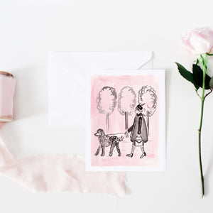 pink and black girl with poodle greeting card