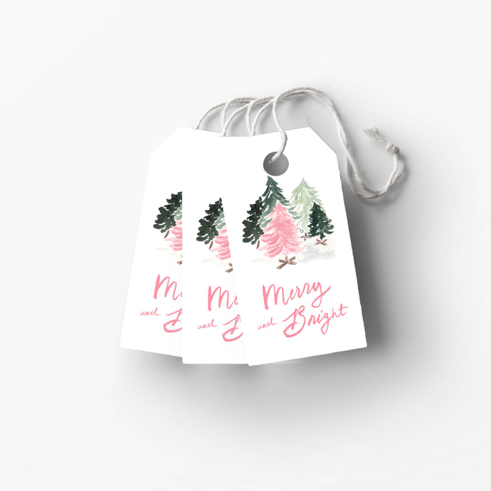 Merry and Bright Pink and Green Vintage Christmas Trees Gift Tag the illustrated life
