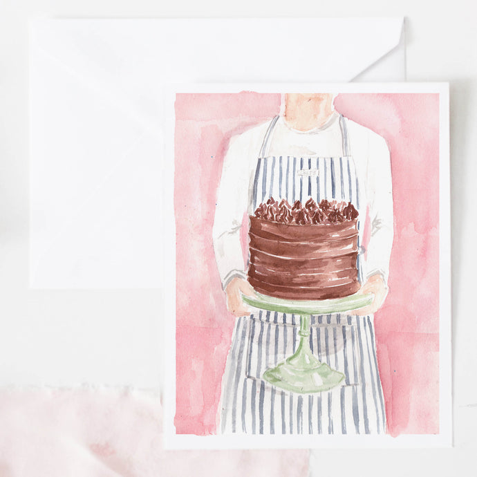 chocolate birthday cake on pink watercolor background greeting card